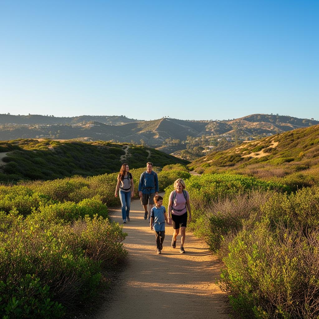 Hiking trail in Sabre Springs with green hills and blue sky